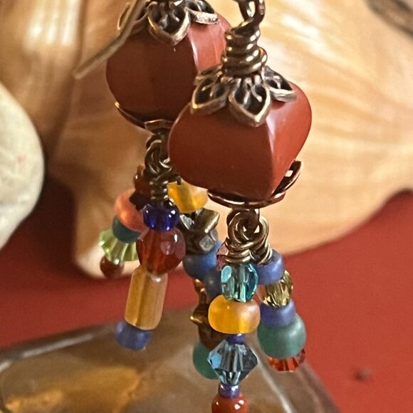 Red Jasper and Multicolor Boho Earrings, Colorful Beads Dangles, Wire Wrapped Ge - Picture 7 of 7